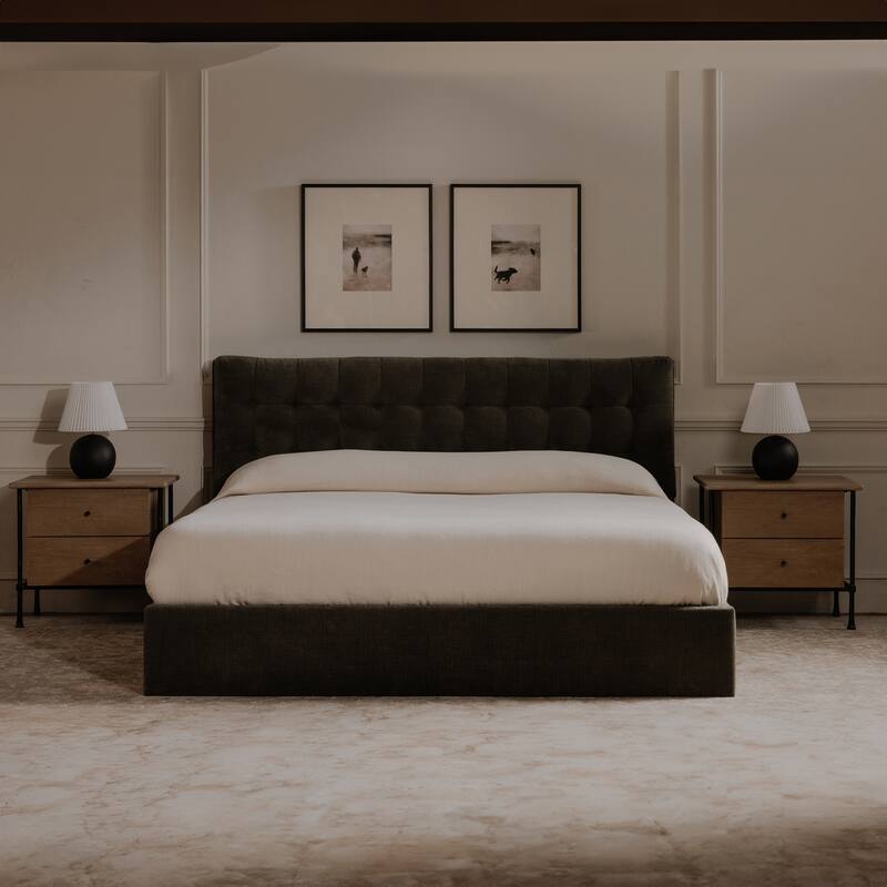 NADAAL STUDIOS Valenor Nightstand, Solid Acacia Wood with Hammered Iron Base and Traditional Beveled Details, Brown