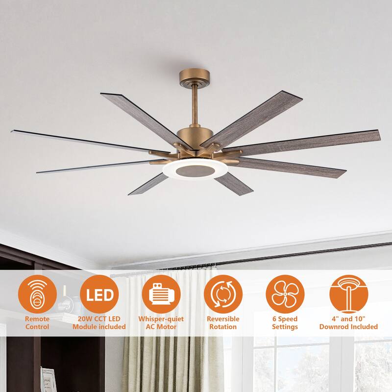 65" Aged Brass 8-Blade Windmill Ceiling Fan with Light and Remote