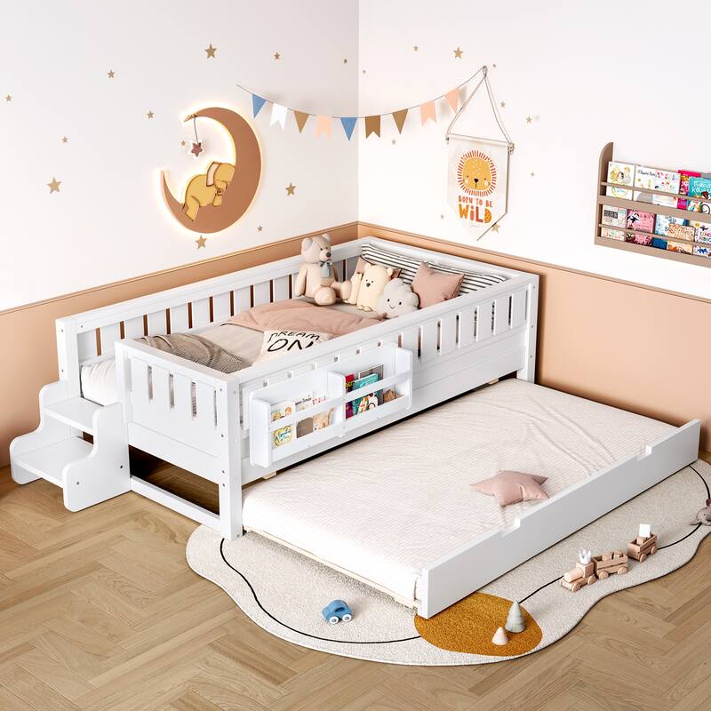Twin with Built-in Bookshelves and Small Staircase, High-Quality Safety Rails, and Trundle - White