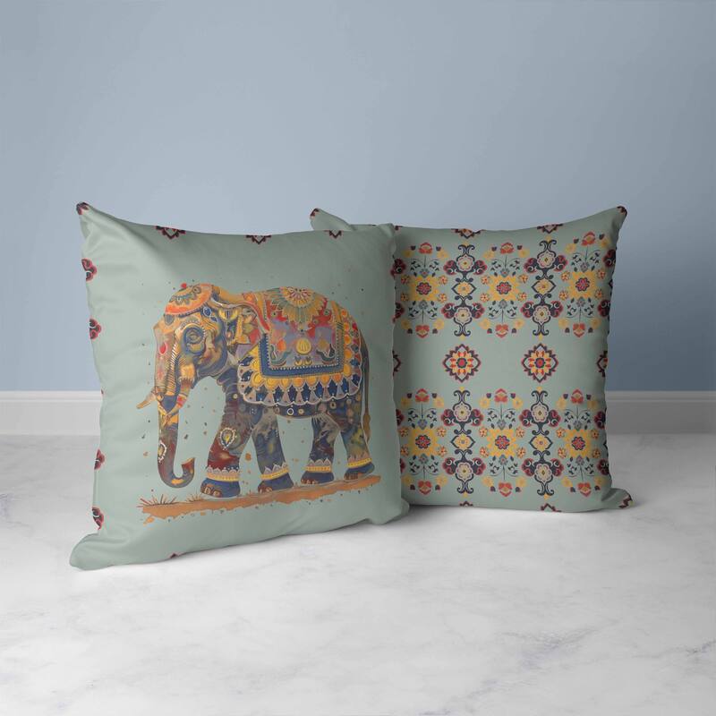 Decorated Elephant Faux Suede Reversible Throw Pillow Mint and Orange