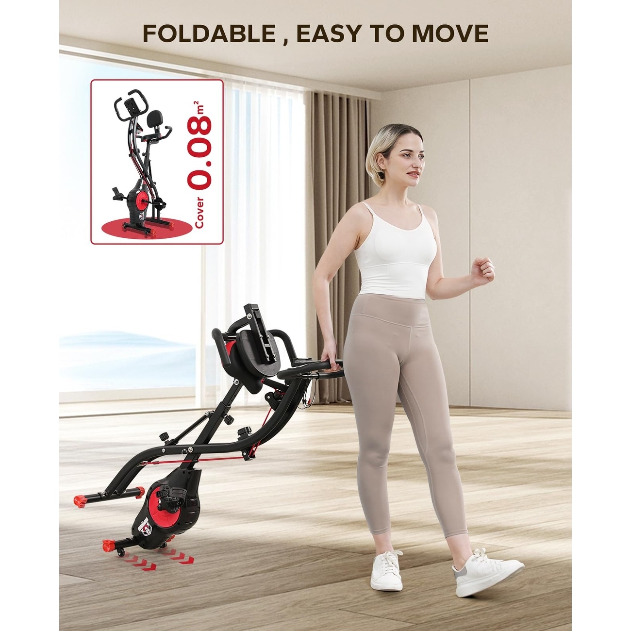 Folding Exercise Bike Magnetic Foldable Stationary Bike, Upright Workout X-Bike with 8-Level Resistance and Arm Resistance Band