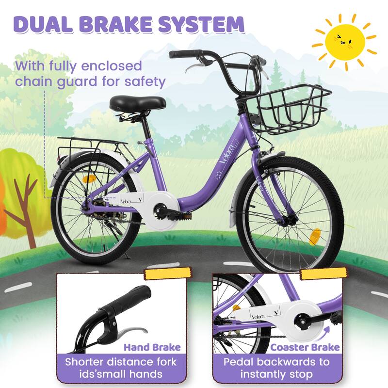 20 Inch Kids Bike for Boys & Girls, Children's Bicycle with Coaster Brake & V-Brake, 1-Speed, Chain Guard & Rear Rack