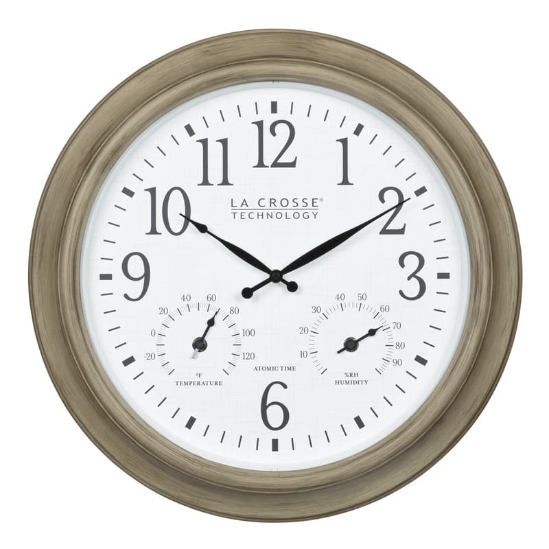 La Crosse 18 Inch Outdoor Tan Atomic Analog Temp Wall Clock, 404-18027