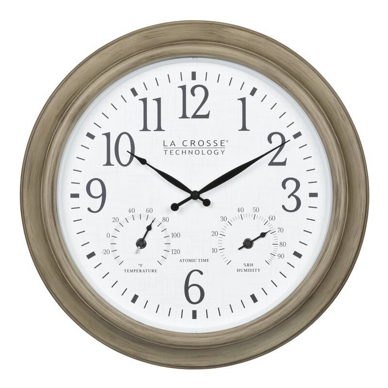 La Crosse 18 Inch Outdoor Tan Atomic Analog Temp Wall Clock, 404-18027