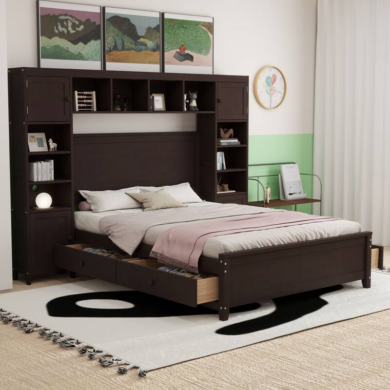 Modern Platform Bed with Integrated Cabinet, Trundle Bed and Drawers
