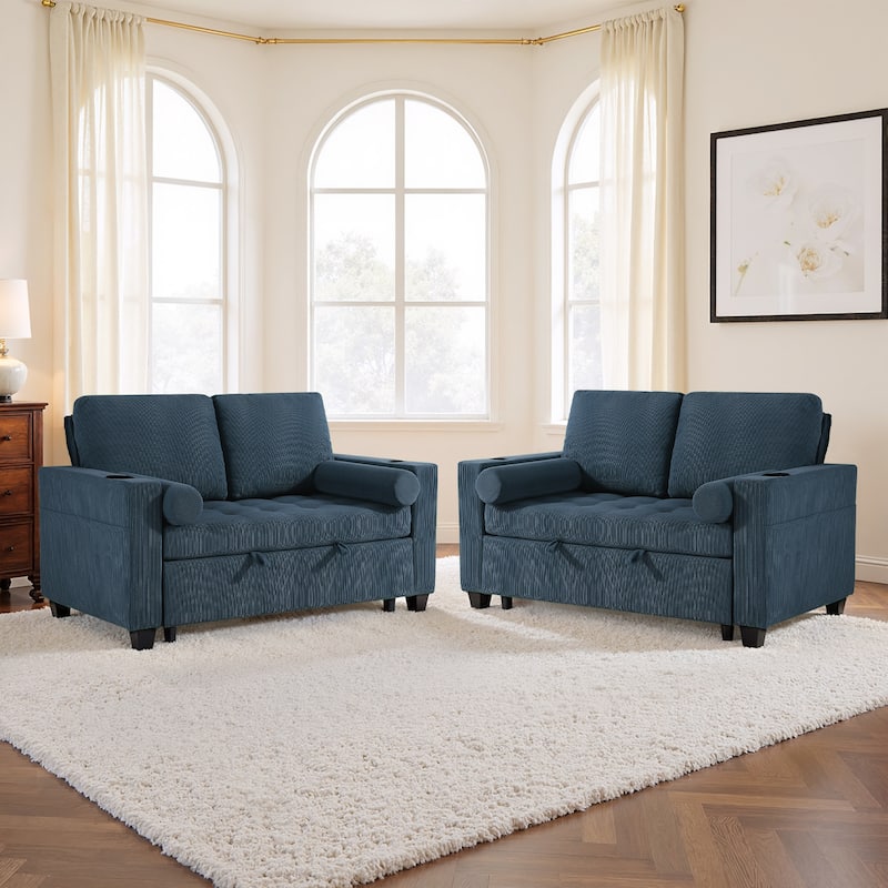 2 Set Corduroy Convertible Sleeper Sofa Bed Loveseats with Cup Holder, USB Ports & Storage