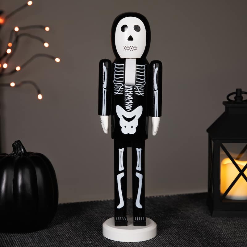 Skeleton Wooden Halloween Nutcracker - 14" - Black and White