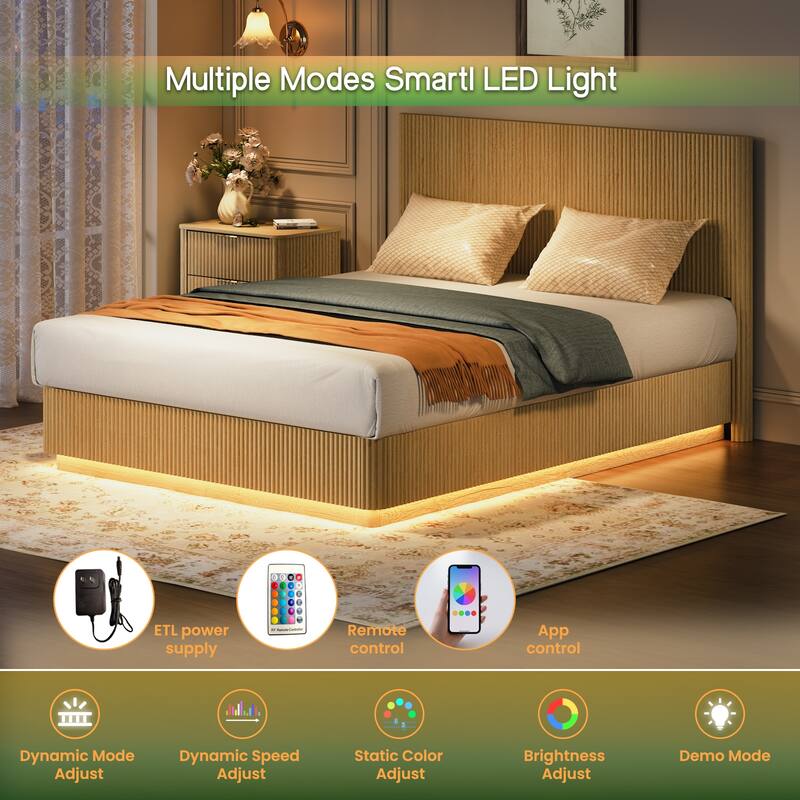 Low Profile Bed Frame with High Headboard, LED Light Strip Under Bed, Wooden Corrugated Curved Platform Bed, Metal Frame Support