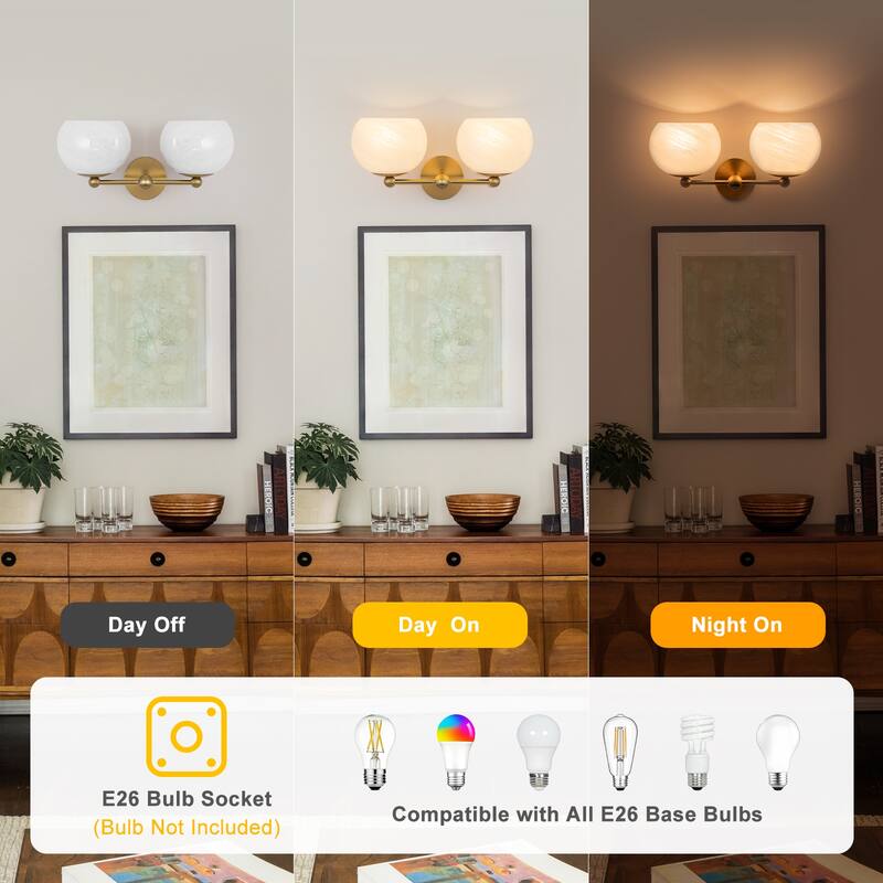 2-Light Gold Double-Globe Wall Sconce Cloud-Pattern Glass Shades