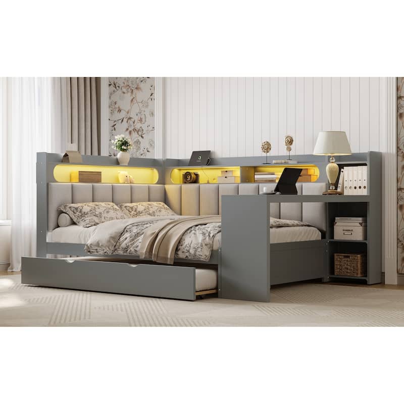 Roomfitters Full Daybed with Trundle, Charging Station and Upholstered Headboard