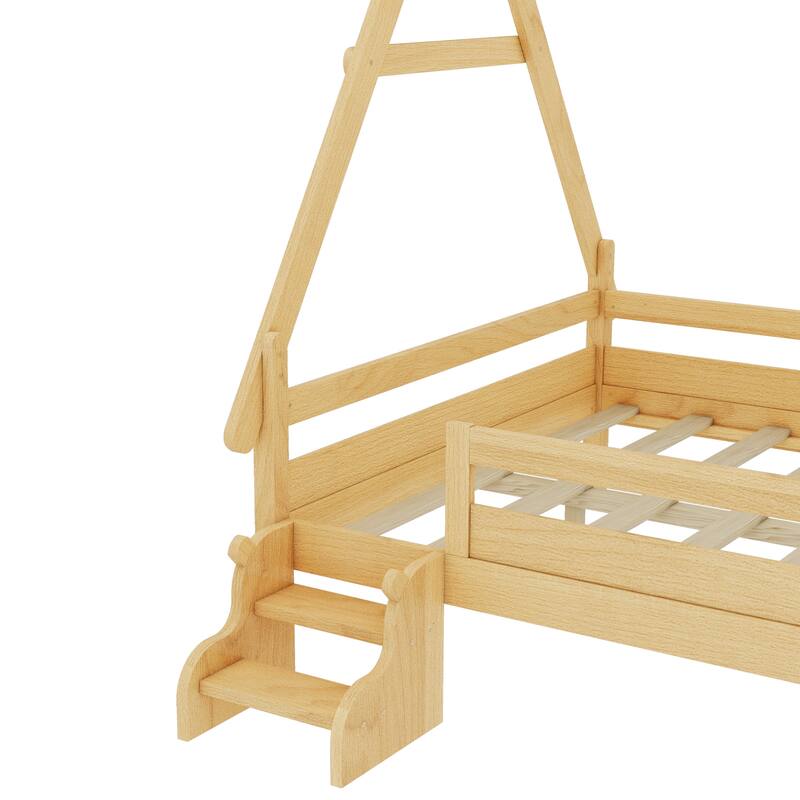 Full House Platform Bed with Stairs, Solid Wood Twin Bed Frame, Low Profile and Childlike Fun Design