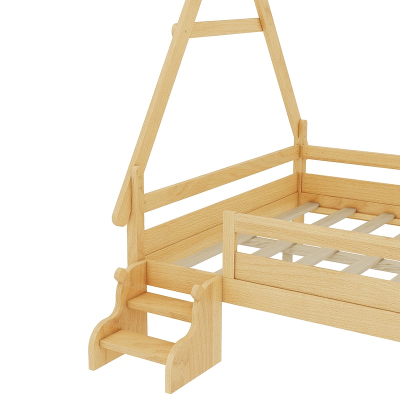 Roomfitters House Platform Bed with Stairs, Solid Wood Low Profile Frame with Roof Design for Playroom