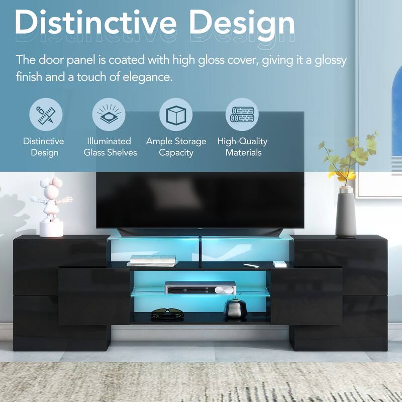 ON-TREND Unique Shape TV Stand with 2 Illuminated Glass Shelves, High Gloss Entertainment Center for TVs Up to 88", Versatile TV