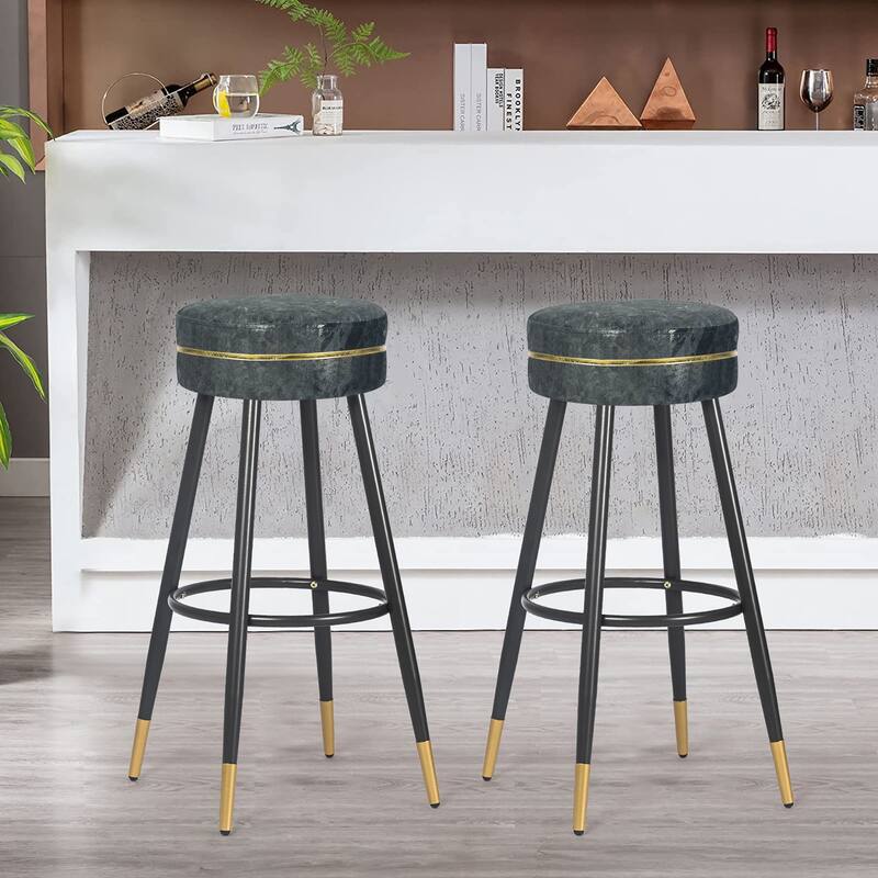 Adeco Modern Velvet Bar Stools Set of 2 Round Breakfast Footrest - 20.5"D x 20.5"W x 29.5"H.