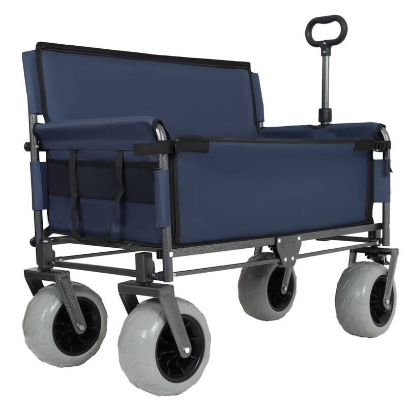 3-in-1 Folding Wagon with Bench Seat - 500lb Capacity with 9"x4" Beach Tires, Dark Blue