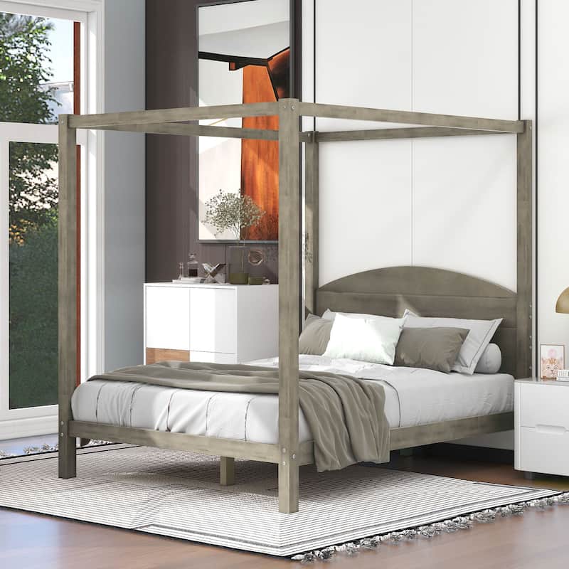 Wood 4Post Canopy Platform Bed Frame with Headboard & Support Legs