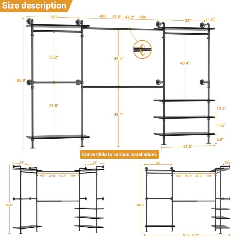 Expandable Industrial Pipe Clothing Rack with 6 Open Shelves,Adjustable Walk-in Closet Organizer System Garment Rack