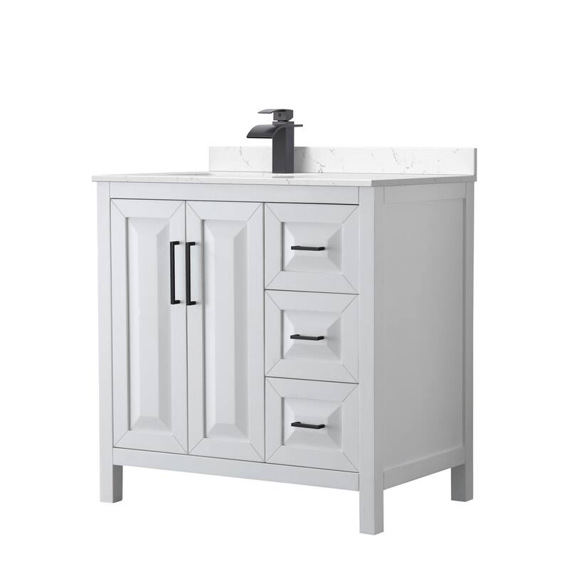 Wyndham Collection WCV252536S-Left-VCA-MXX Daria 36" Free Standing - White / Carrara Cultured Marble Top / Matte Black