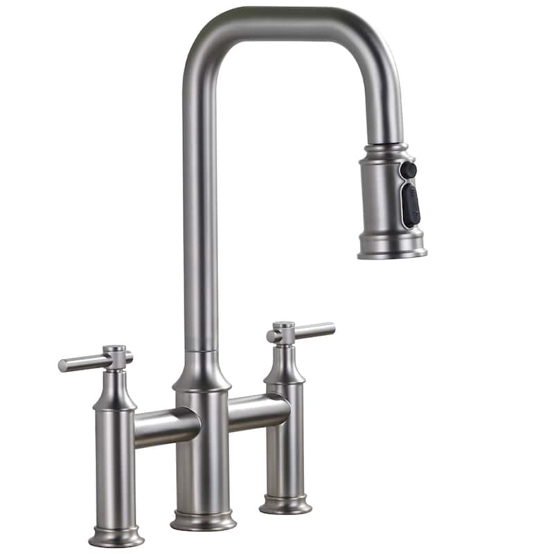 WOWOW Double Handle Bridge Kitchen Faucet with Advanced Spray - Brushed Nickel