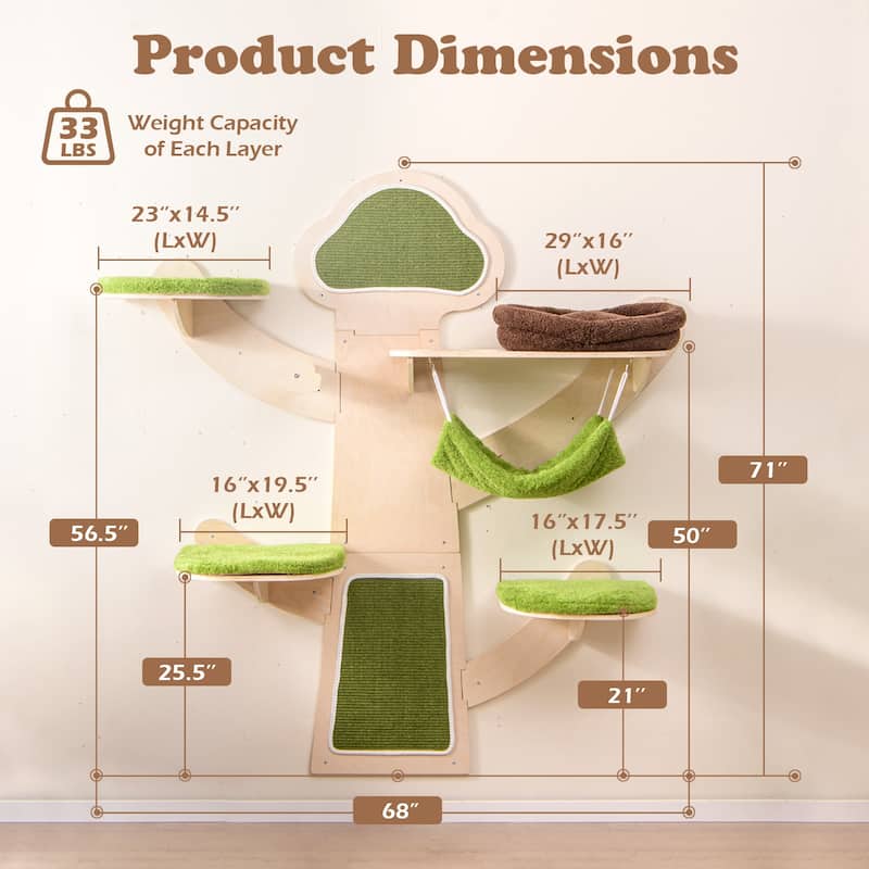 5-Level Wall-Mounted Cat Tree with Sisal Scratching Posts Cushioned Platforms and Hammock