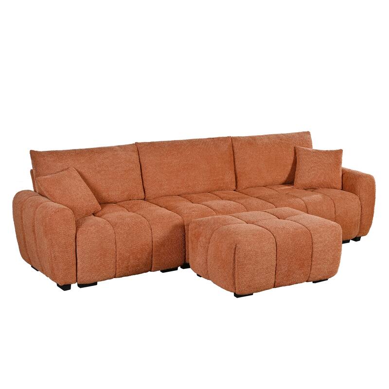 Modular Sectional Sofa Boucle Fabric Pull-line Design L-Shape Sofa Set with Movable Ottoman for Living Room 3-Seater Couch