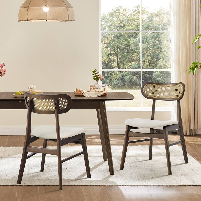 Spruce & Spring Modern Upholstered Dining Chair with Handwoven Rattan Back - Set of 2 - Walnut