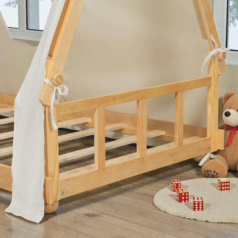 Twin/Full House Bed with Detachable Tent and Skylight, Kids Cabin Bed with Canopy, Light, and Forest-Themed Accents