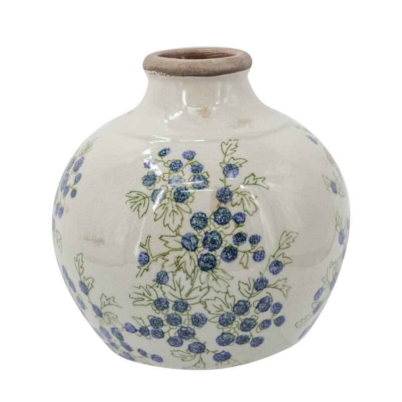7.9x7.9x7.9" White Ceramic Vase With Blue Berry Motif