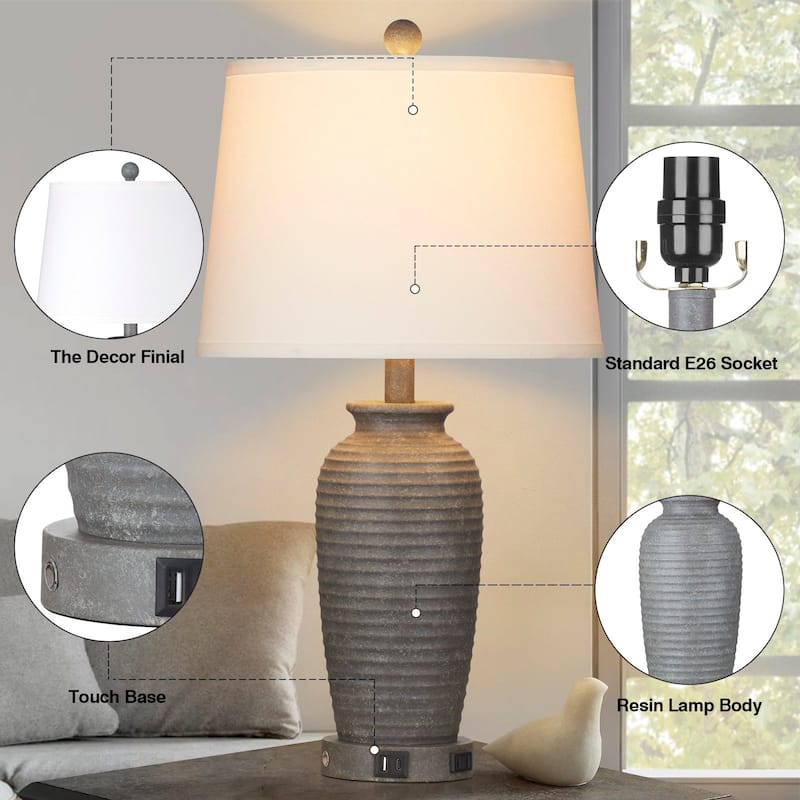 Grey Resin Table Lamps with 3-way Touch Dimming Switch USB Charging Port and AC Outlet (Set of 2)