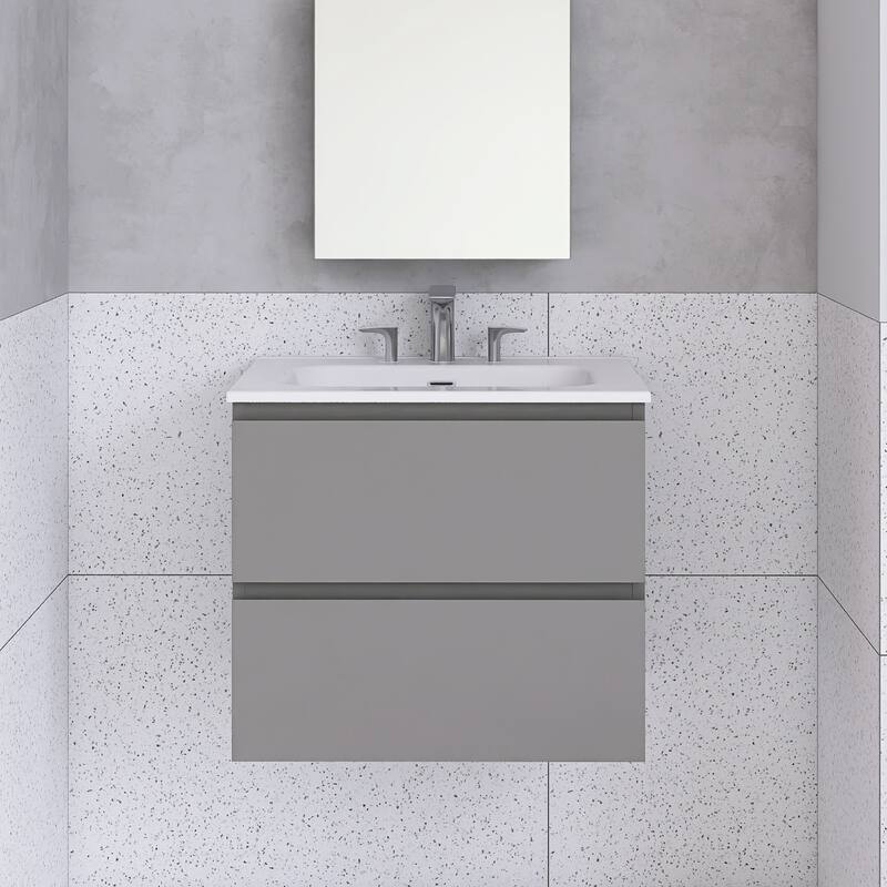 Floating Integrated Bathroom Vanity with Ceramic Sink, Three Faucet Holes - 24'' x 18.3'' x 21.1'' - Grey