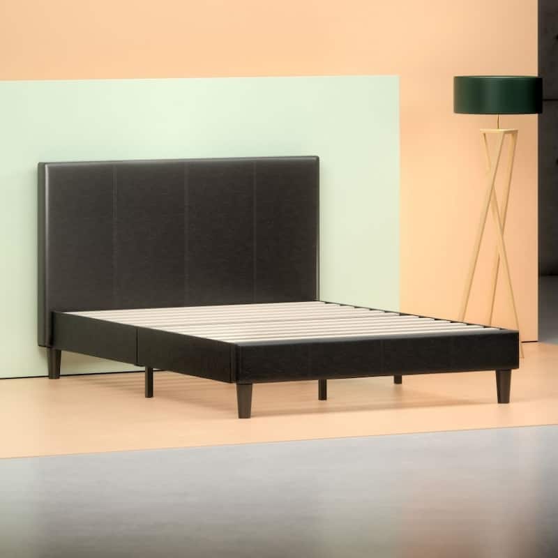Queen Espresso Faux Leather Platform Bed Frame with Headboard - Pictured