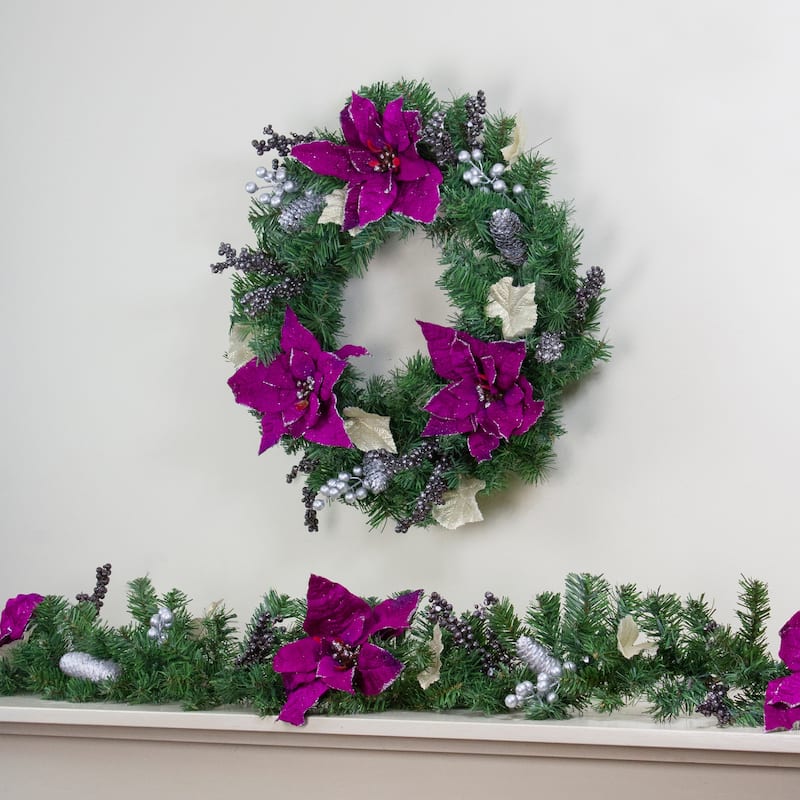 Purple Poinsettia and Silver Pine Cone Artificial Christmas Wreath - 24-Inch Unlit - 24"