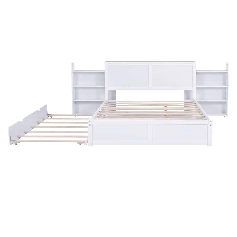 Queen Size Storage Bed Frame with Pull Out Shelves and Twin XL Trundle
