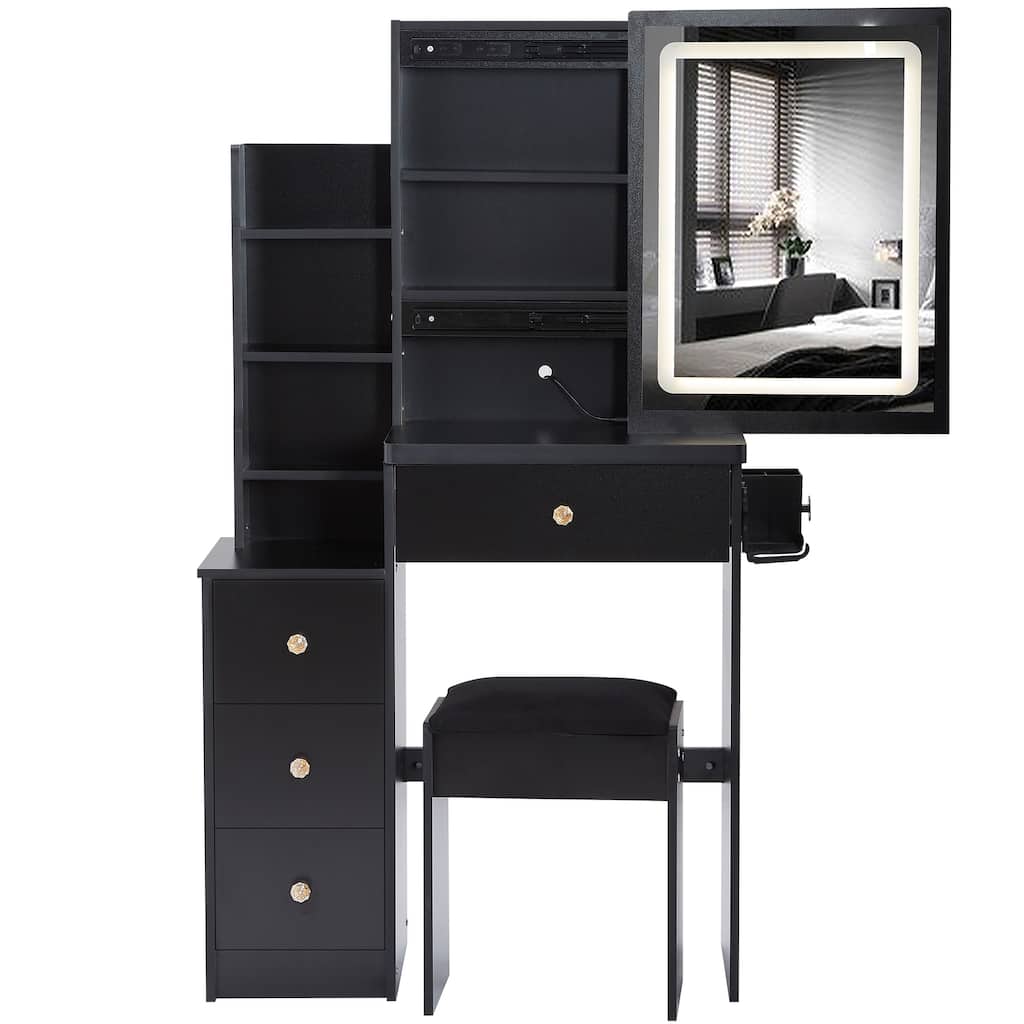29.2" Small Size Left Bedside Cabinet Vanity Table + Cushioned Stool, 2 AC+2 USB Power Station, Hair dryer bracket