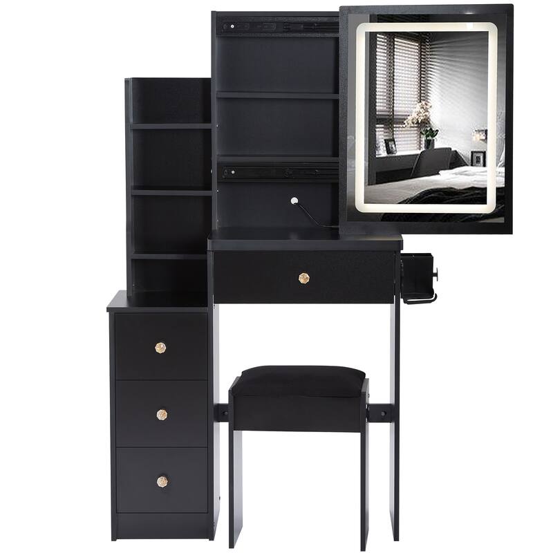29.2" Small Size Left Bedside Cabinet Vanity Table + Cushioned Stool, 2 AC+2 USB Power Station, Hair dryer bracket - Black