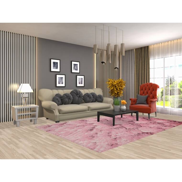 All-Over Modern Pink Abstract Indian Area Rug Hand-Knotted Wool Carpet - 5'11"x 8'11"
