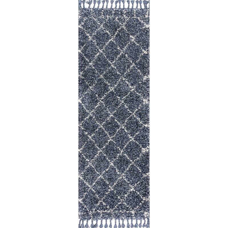 JONATHAN Y Modern Shag Plush Tassel Moroccan Geometric Trellis Area Rug - 2 X 8 - Denim Blue/Cream