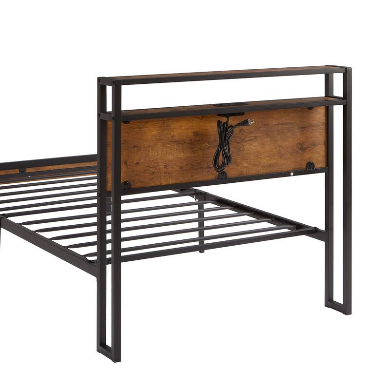 Twin/King/Queen Size Metal Bed Frame with USB Charging Ports, LED Lights, and Large Under-Bed Storage