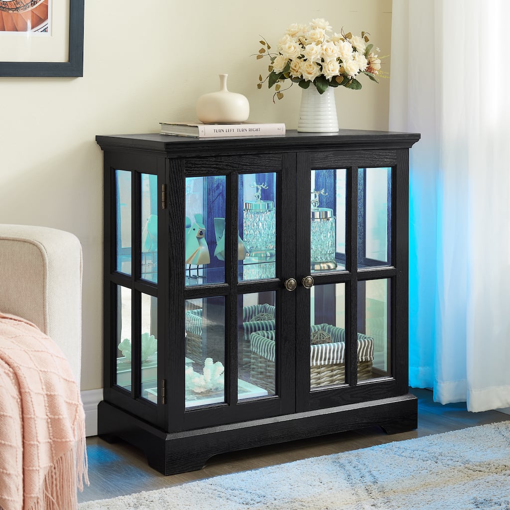 LED Curio Display Cabinet with Grille Doors, Antique Display Cabinet with Adjustable Shelves, Wooden Accent Storage Cabinet