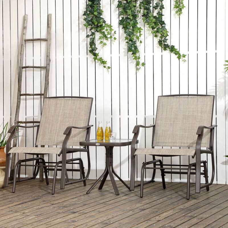 3 Piece Outdoor Glider Chair with Coffee Table Bistro Set, 2 Patio Rocking Swing Chairs with Breathable Sling Fabric, Gl