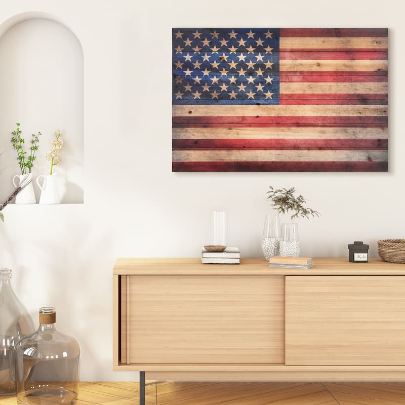 American Flag Print on Solid Fir Wood Plank Wall Art