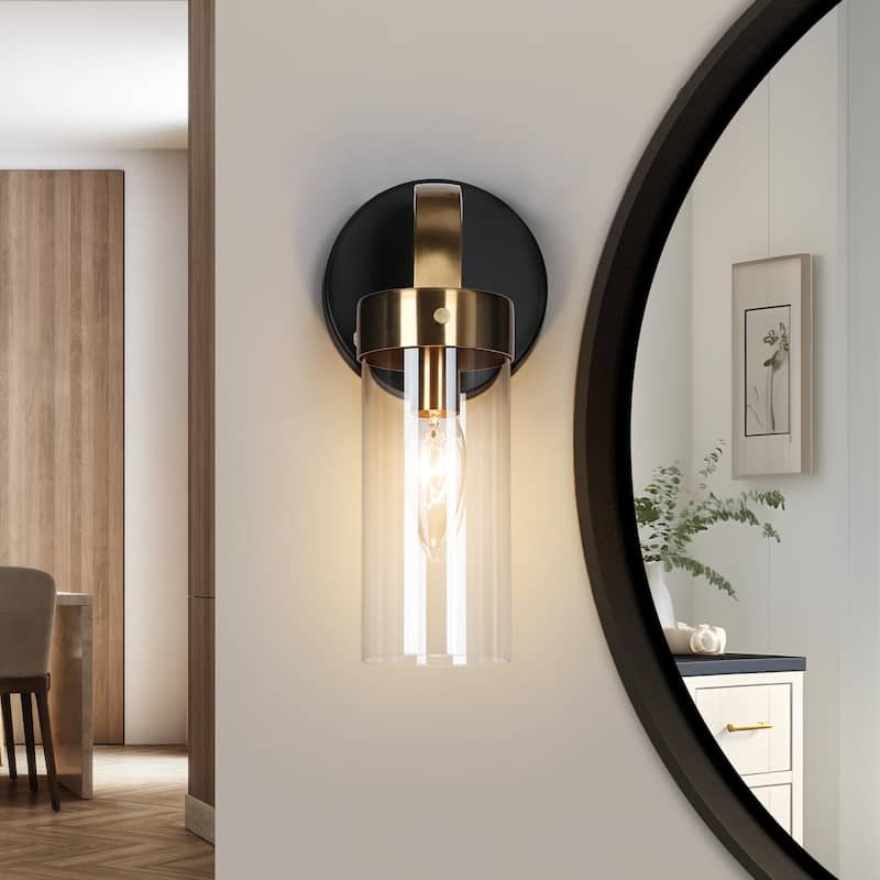 Modern 1-Light Black Gold Cylinder Glass Armed Wall Sconce Dimmable Vanity Light - 4.7" L x 5.5" W x 10" H