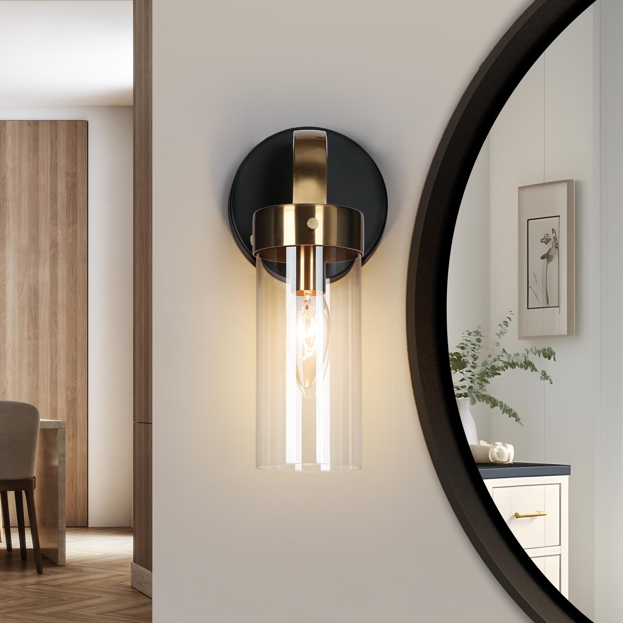 Modern 1-Light Black Gold Cylinder Glass Armed Wall Sconce Dimmable Vanity Light - 4.7" L x 5.5" W x 10" H