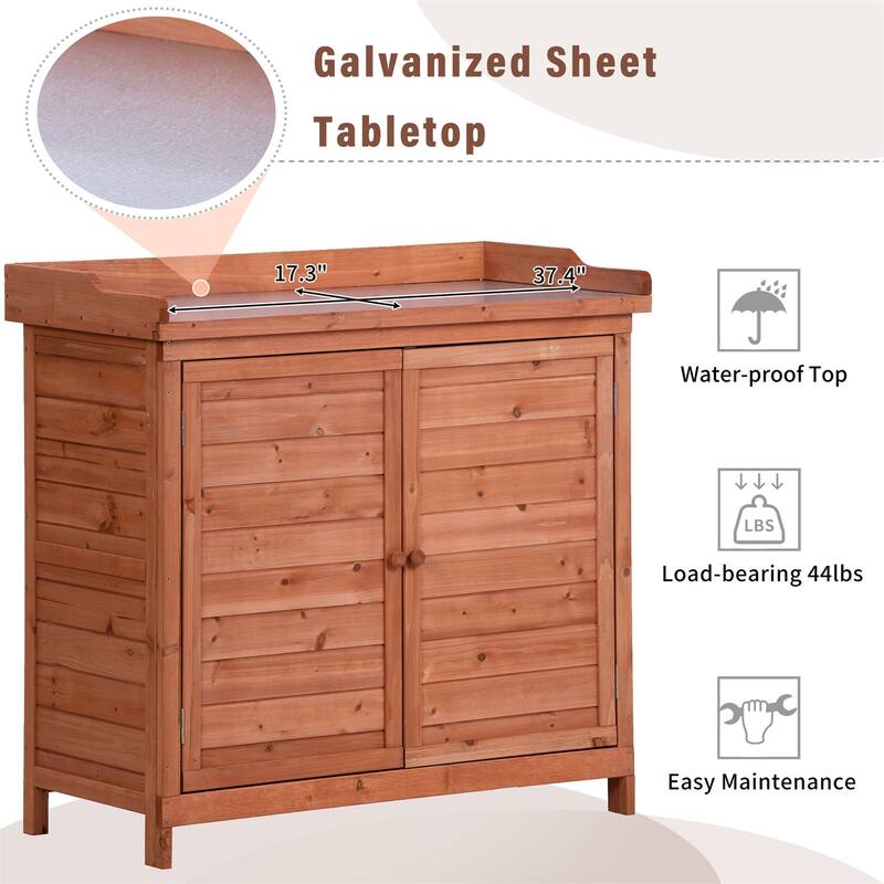 Outdoor Potting Bench Table Wood Workstation Storage Cabinet with Hook