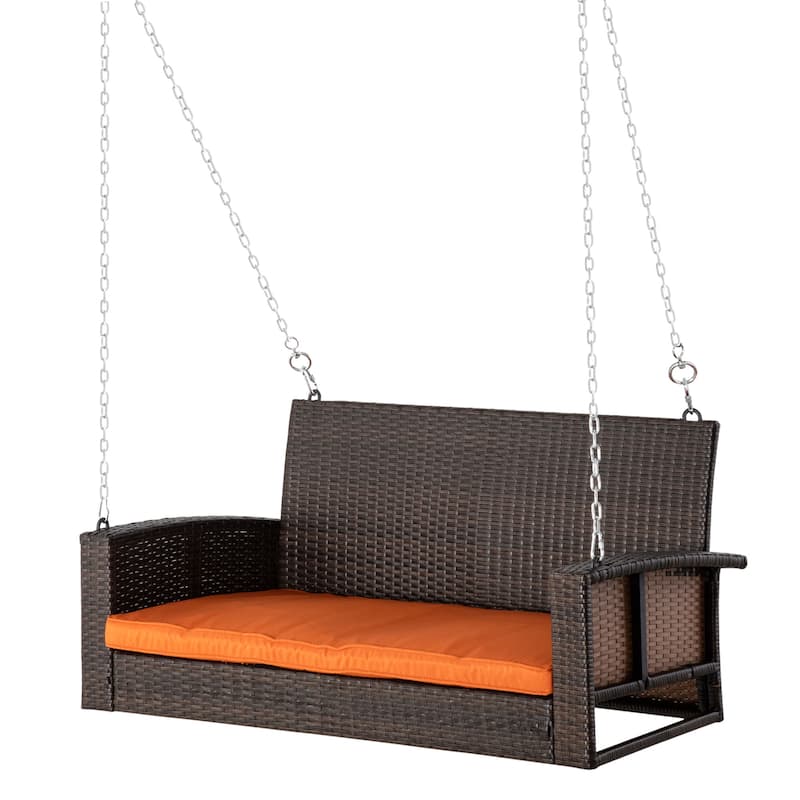 Outdoor Two-Person Swing Chair, Durable Handwoven Wicker Bench with Adjustable Hanging Chains Hanging Swing Bench