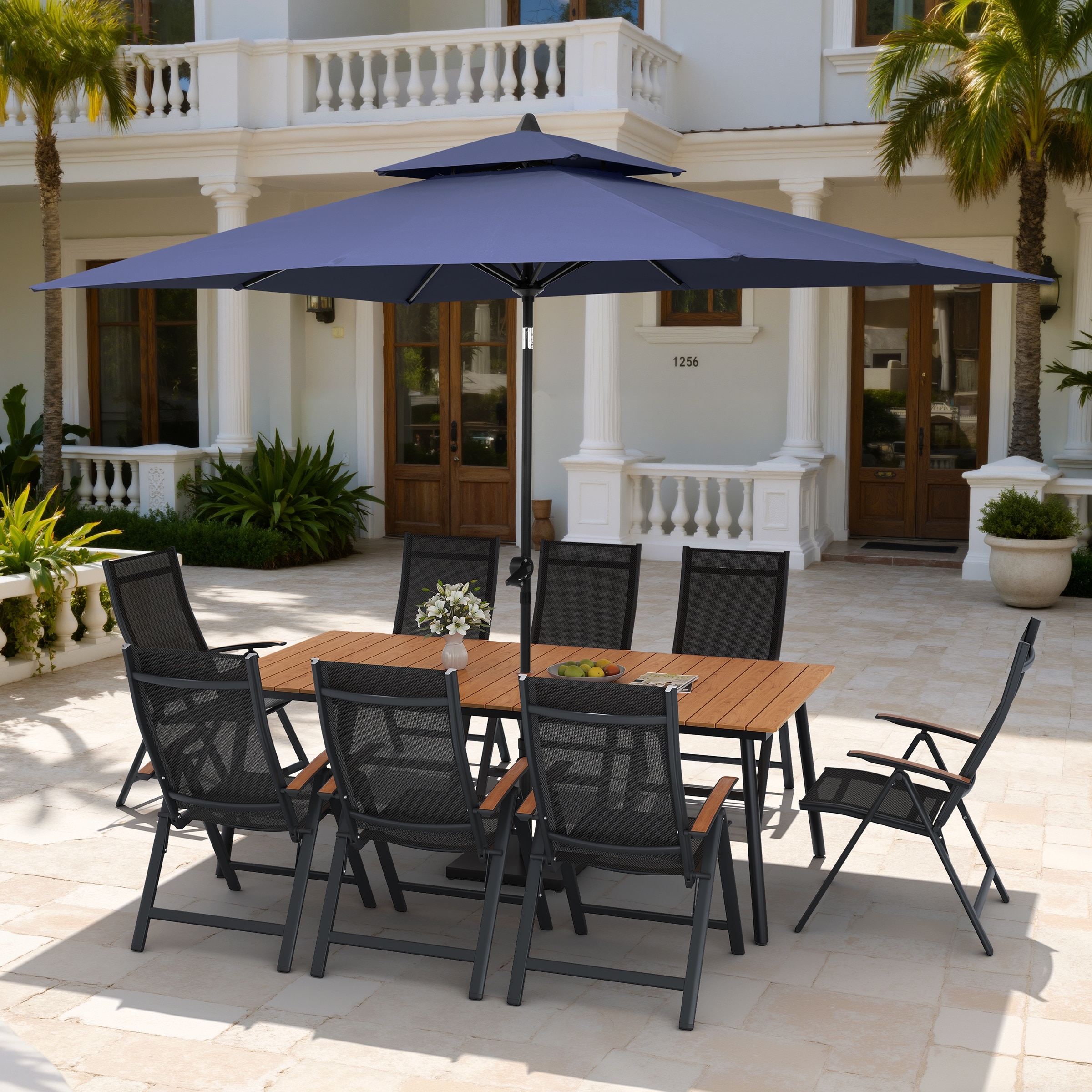 11PC Outdoor Patio Dining Set Wood-Like Aluminum Umbrella Hole Table with Folding Chairs,Double Top Market Umbrella and Base