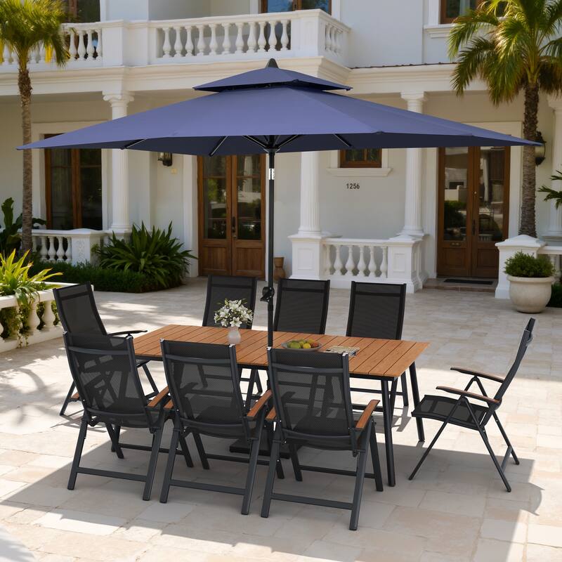 11PC Outdoor Patio Dining Set Wood-Like Aluminum Umbrella Hole Table with Folding Chairs,Double Top Market Umbrella and Base - BrownTable&BlackChairs&NavyBlueUmbrella