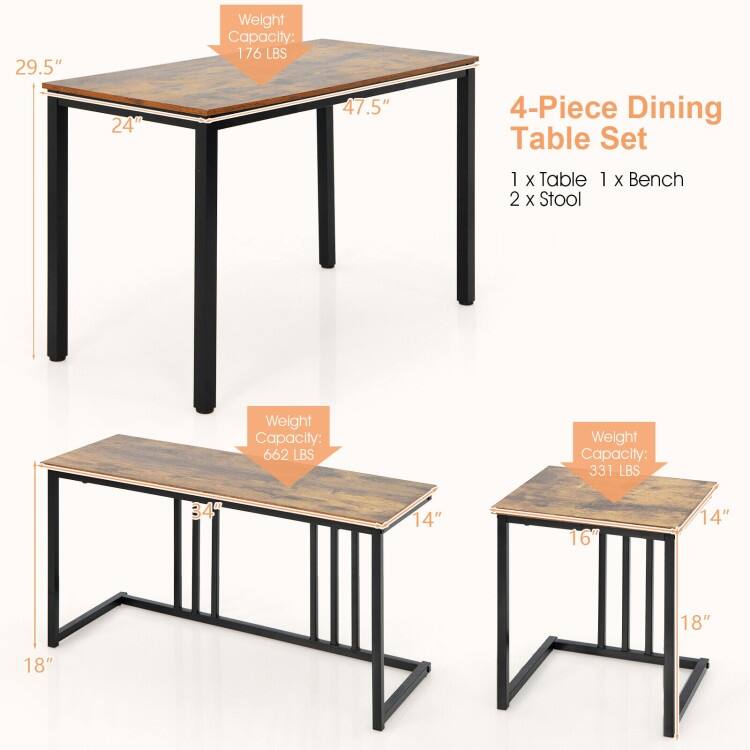 4 Piece Dining Table Set with Bench and Stools for Small Kitchen - 47.5" x 24" x 29.5"