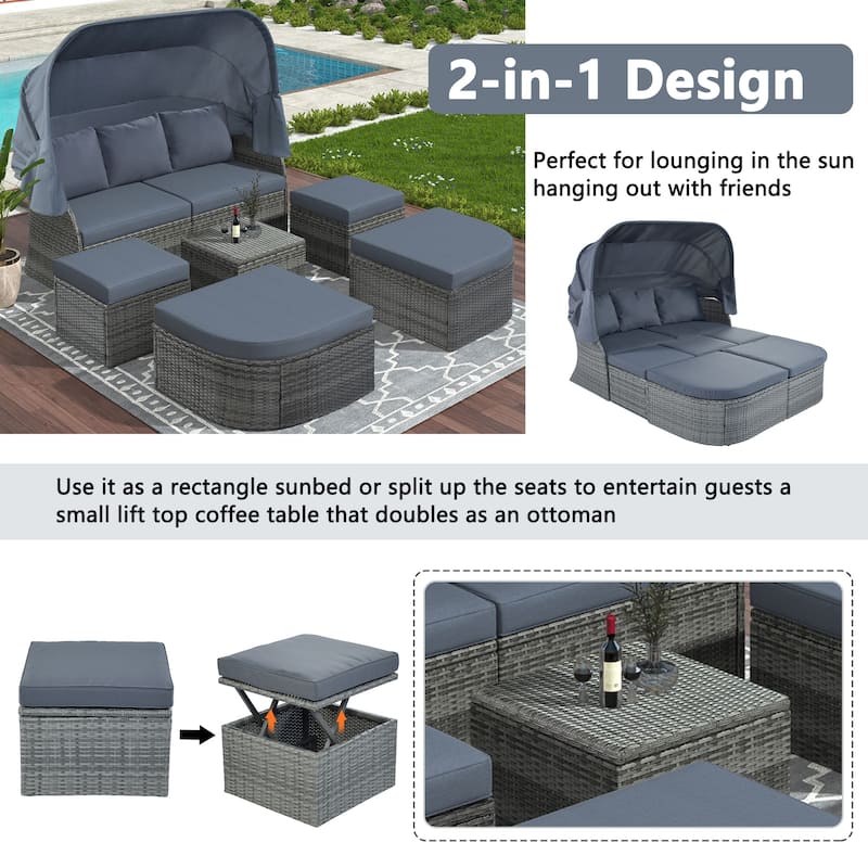 6-Pieces Outdoor Patio Rattan Round Daybed Sunbed Set with Retractable Canopy and Lift Table