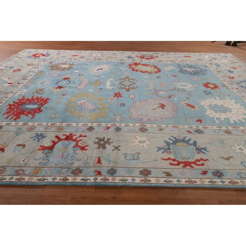 Light Blue Oushak Oriental Large Area Rug Handmade Wool Carpet - 12'0"x 14'11"